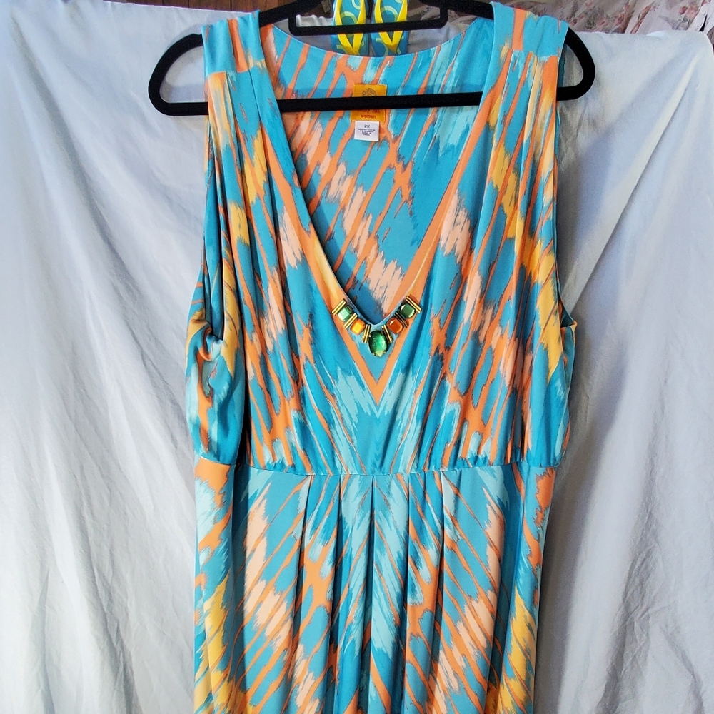 Ruby Red Vibrant Blue and Orange Dress Womens 2X - Picture 2 of 8